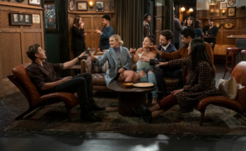 Chris Lowell, Hilary Duff, Francia Raisa, Tom Ainsley, Suraj Sharma, and Tien Tran in How I Met Your Father Season 1 Episode 2