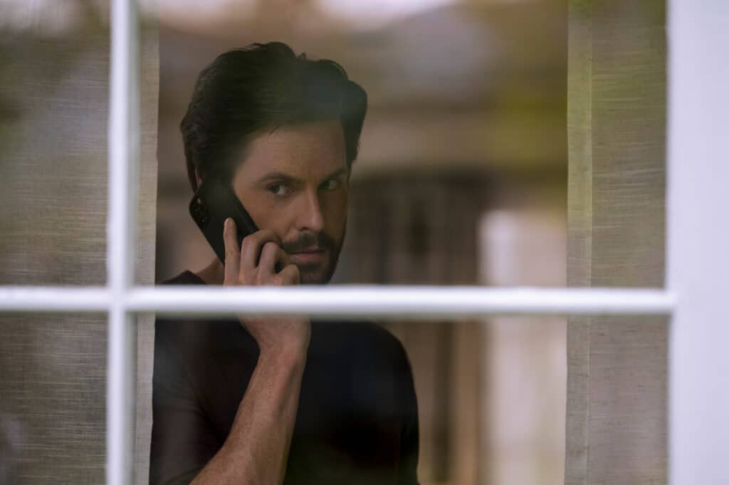 Tom Riley in Rachel Ramras, Hugh Davidson, and Larry Dorf's dark comedy satire mystery thriller series, The Woman in the House Across the Street from the Girl in the Window Episode 3