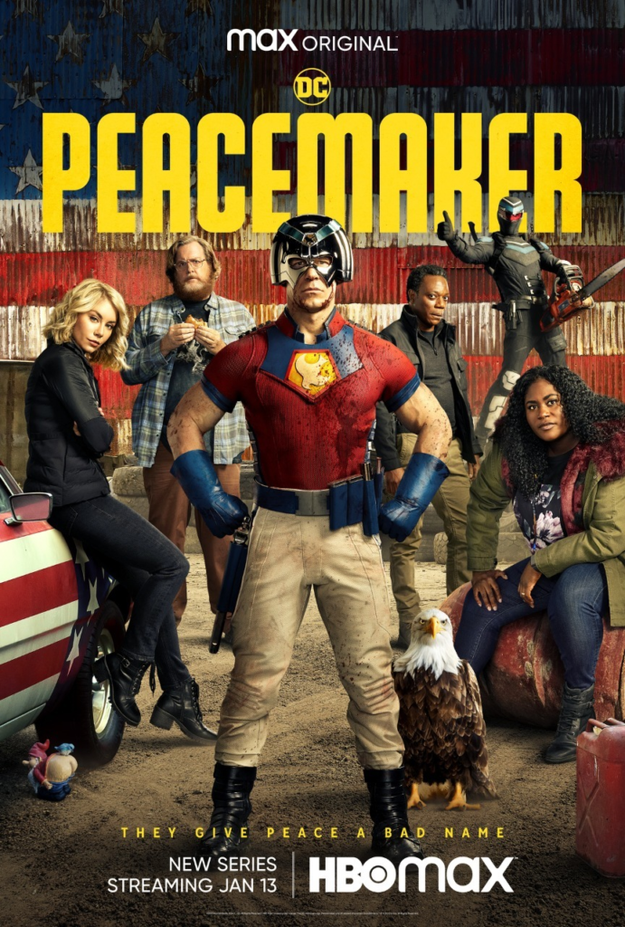 Jennifer Holland, Steve Agee, John Cena, Chukwudi Iwuji, Freddie Stroma, and Danielle Brooks in the Peacemaker official poster