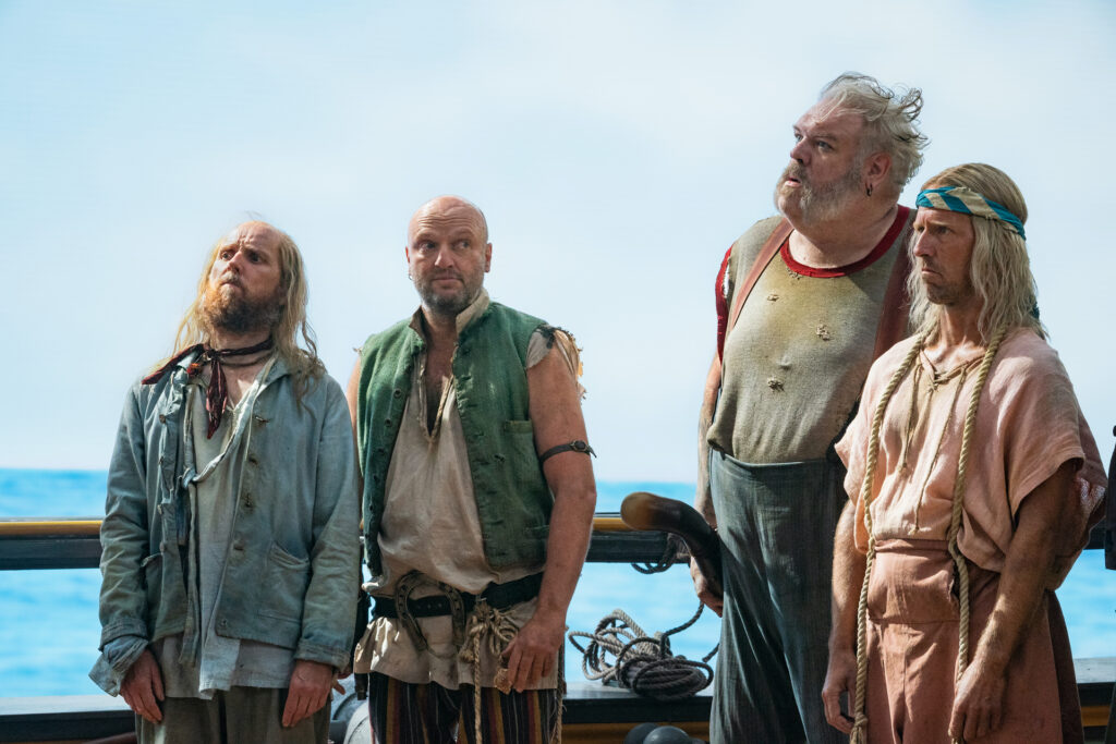 Ewen Bremner, Matthew Maher, Kristian Nairn, and Nax Faxon in David Jenkins's HBO Max period comedy adventure swashbuckler series, Our Flag Means Death, Season 1 Episode 1