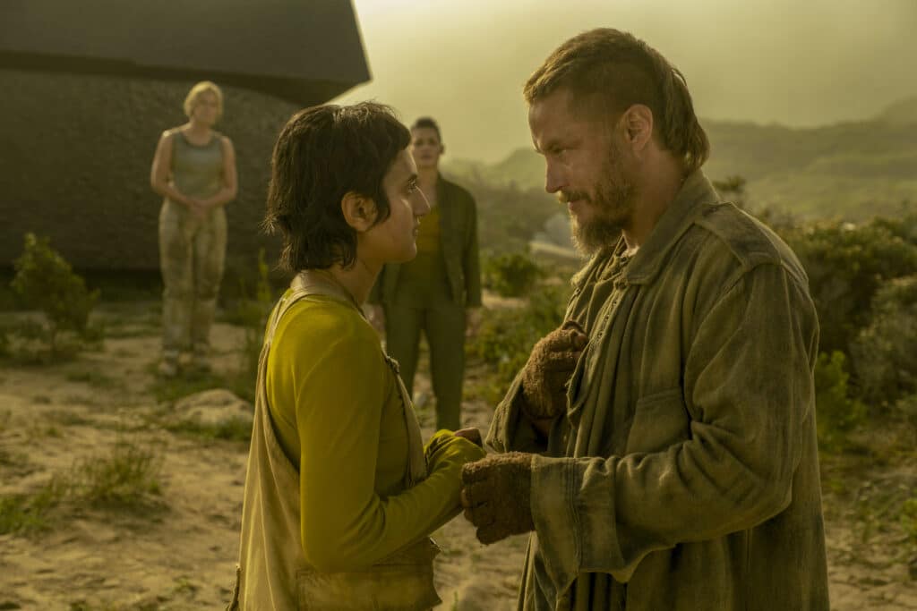 Aasiya Shah and Travis Fimmel in Aaron Guzikowski's HBO Max science-fiction drama series, Raised by Wolves, Season 2 Episode 5