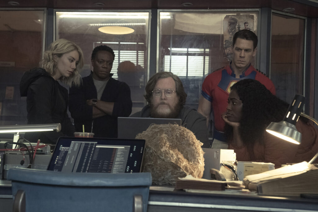 Jennifer Holland, Chukwudi Iwuji, Steve Agee, John Cena, and Danielle Brooks in James Gunn's HBO Max superhero series, Peacemaker, Season 1 Episode 6