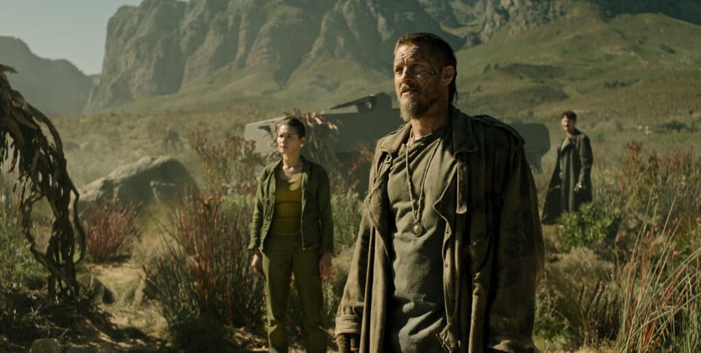 Kim Engelbrecht, Travis Fimmel, and James Harkness in Aaron Guzikowski's HBO Max science-fiction drama series, Raised by Wolves Season 2 Episode 3