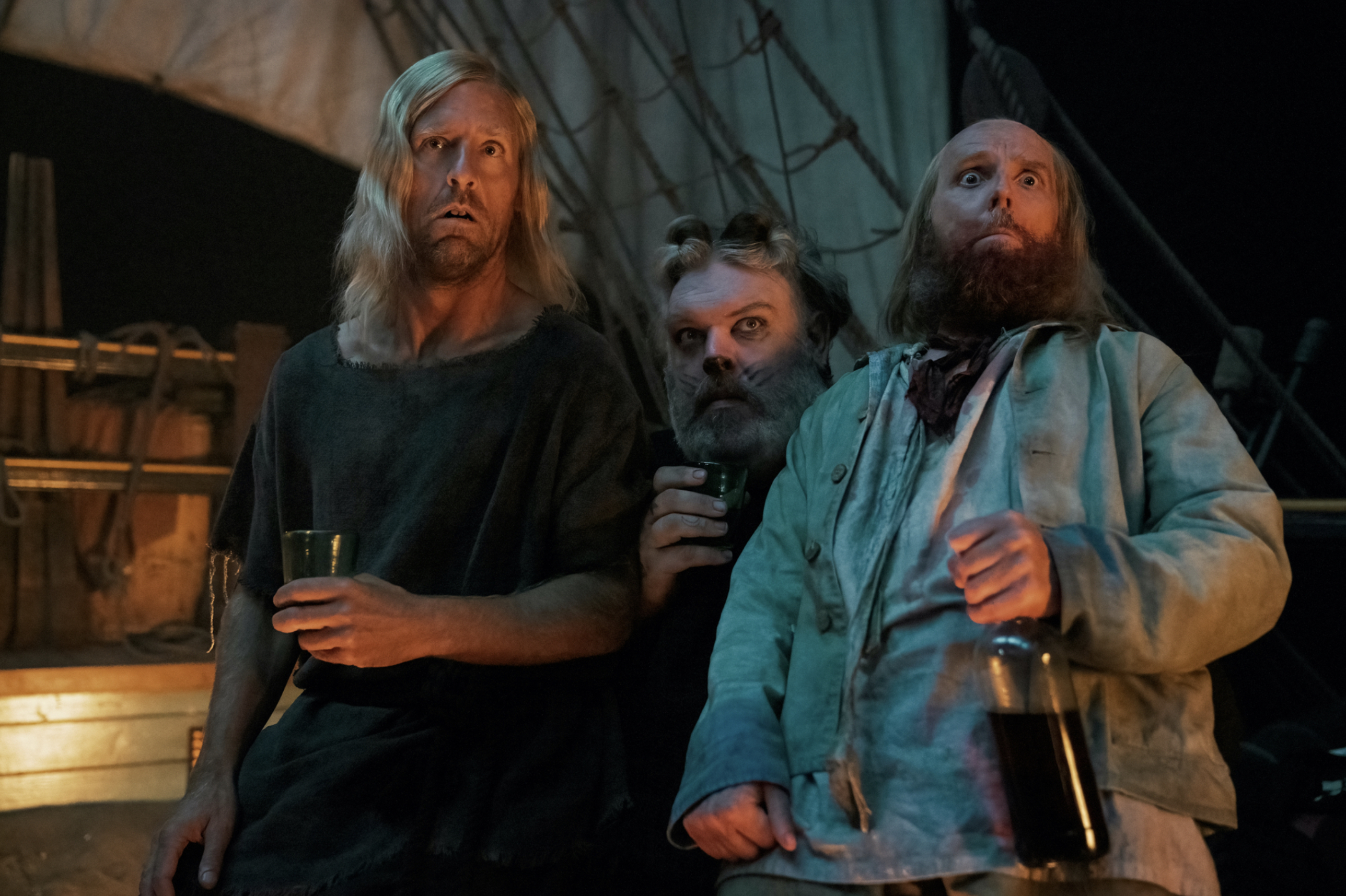 Nat Faxon, Kristian Nairn, and Ewen Bremner in David Jenkins's HBO Max period comedy adventure swashbuckler series, Our Flag Means Death, Season 1 Episode 6