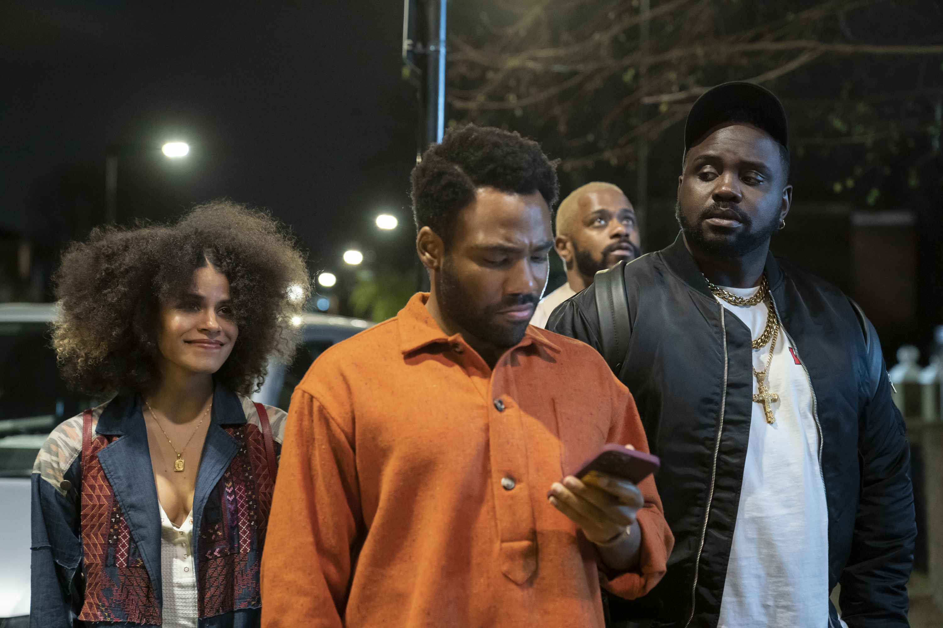Zazie Beetz, Donald Glover, LaKeith Stanfield, and Brian Tyree Henry in Donald Glover's FX surreal comedy-drama series, Atlanta, Season 3 Episode 3