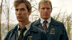 Matthew McConaughey (left) and Woody Harrelson (right) from True Detective Season 1 circa 2014