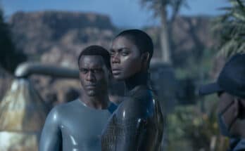 Abubakar Salim and Selina Jones in Aaron Guzikowski's HBO Max science-fiction drama series, Raised by Wolves, Season 2 finale