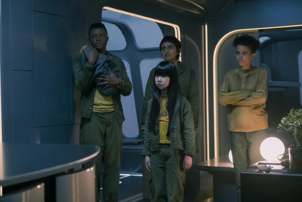 Ethan Hazzard, Aasiya Shah, Ivy Wong, and Jordan Loughran in Aaron Guzikowski's HBO Max science-fiction drama series, Raised by Wolves, Season 2 finale