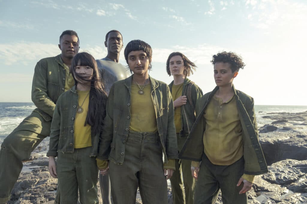 Ethan Hazzard, Abubakar Salim, Winta McGrath, Ivy Wong, Aasiya Shah, and Jordan Loughran in Aaron Guzikowski's HBO Max science-fiction drama series, Raised by Wolves, Season 2 Episode 7