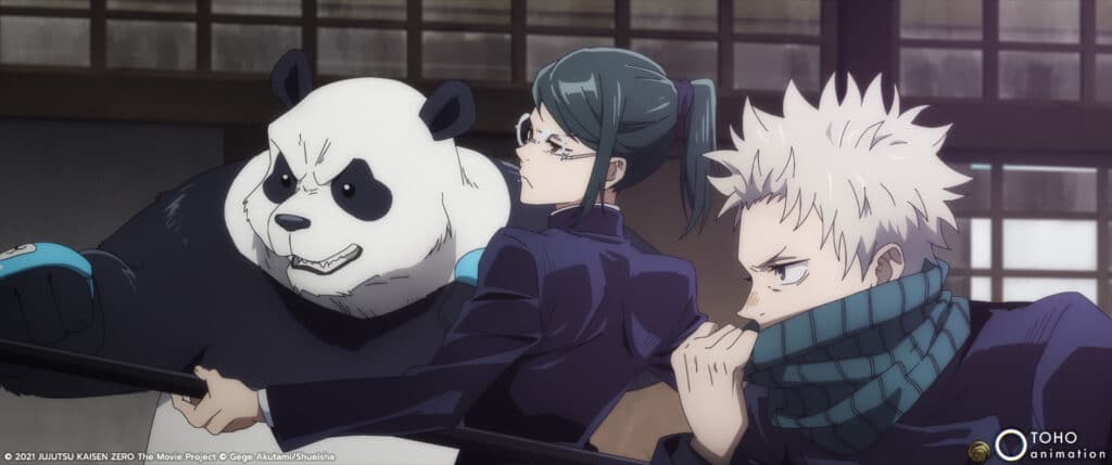 Matthew David Rudd, Tomokazu Seki, Allegra Clark, Mikako Komatsu, Xander Mobus, and Koki Uchiyama as Panda, Maki, and Inumaki in Sunghoo Park's TOHO animated dark fantasy film, Jujutsu Kaisen 0