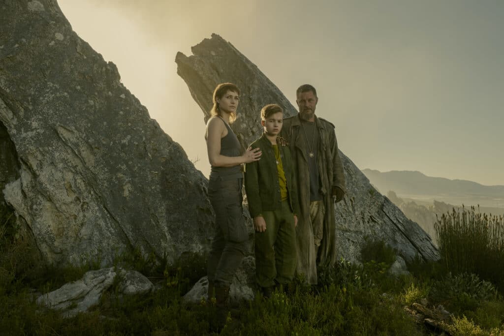 Niamh Algar, Felix Jamieson, and Travis Fimmel in Aaron Guzikowski's HBO Max science-fiction drama series, Raised by Wolves, Season 2 Episode 6