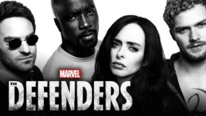 The Defenders logo with the characters. Left to right Daredevil, Luke Cage, Jessica Jones, and Iron Fist