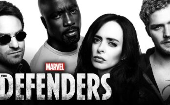 The Defenders logo with the characters. Left to right Daredevil, Luke Cage, Jessica Jones, and Iron Fist