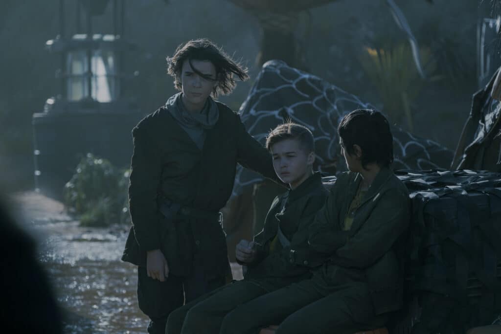 Winta McGrath, Felix Jamieson, and Aasiya Shah in Aaron Guzikowski's HBO Max science-fiction drama series, Raised by Wolves, Season 2 finale