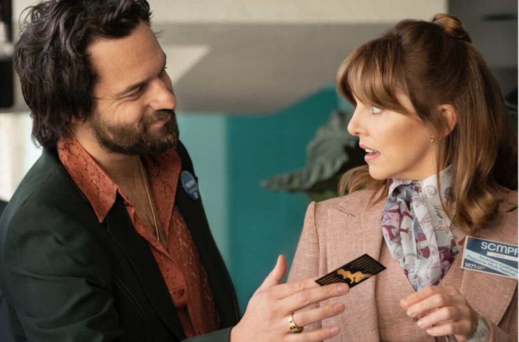 Jake Johnson and Ophelia Lovibond in Ellen Rapoport's HBO Max comedy series, Minx Season 1 Episode 1