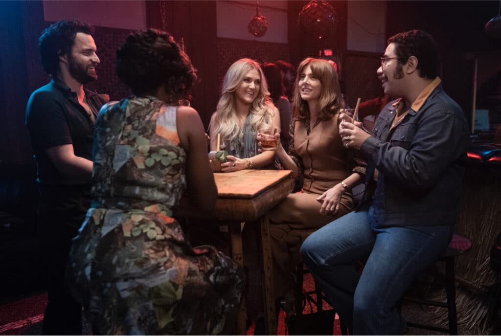 Jake Johnson, Idara Victor, Jessica Lowe, Ophelia Lovibond, and Oscar Montoya in Ellen Rapoport's HBO Max comedy series, Minx Season 1 Episode 2