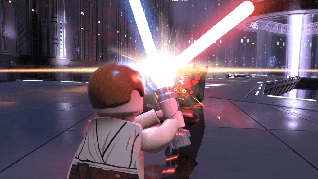 Obi-Wan Kenobi and Darth Maul duel in Naboo in LEGO Star Wars The Skywalker Saga