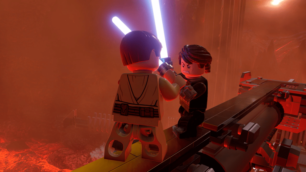 Obi-Wan Kenobi and Anakin Skywalker duel in Mustafar in LEGO Star Wars The Skywalker Saga