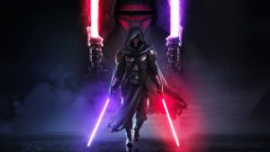 Star Wars Character Revan with a red and a purple lightsaber