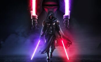 Star Wars Character Revan with a red and a purple lightsaber