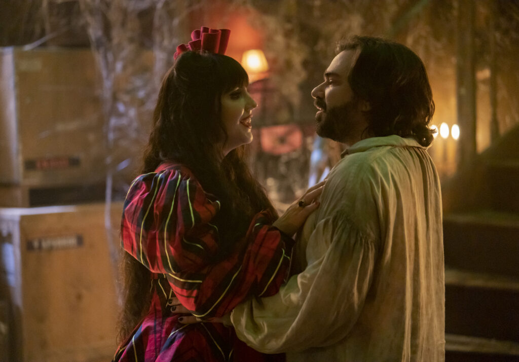 Natasia Demetriou and Matt Berry in Jemaine Clement's hit FX comedy-horror fantasy mockumentary series, What We Do in the Shadows Season 4 Episode 1