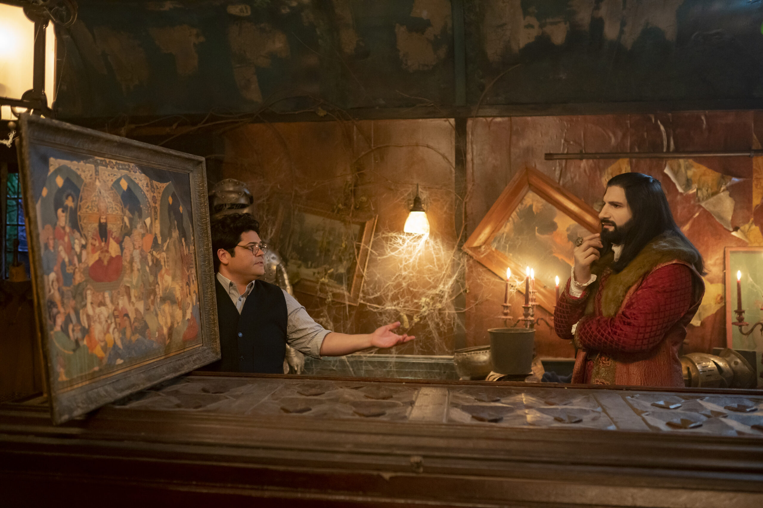Harvey Guillén and Kayvan Novak in Jemaine Clement's hit FX comedy-horror fantasy mockumentary series, What We Do in the Shadows Season 4 Episode 2
