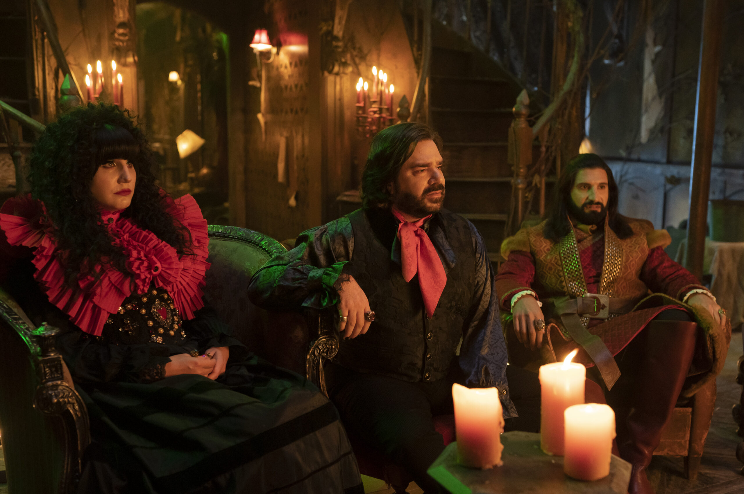 Natasia Demetriou, Matt Berry, and Kayvan Novak in Jemaine Clement's hit FX comedy-horror fantasy mockumentary series, What We Do in the Shadows Season 4 Episode 5