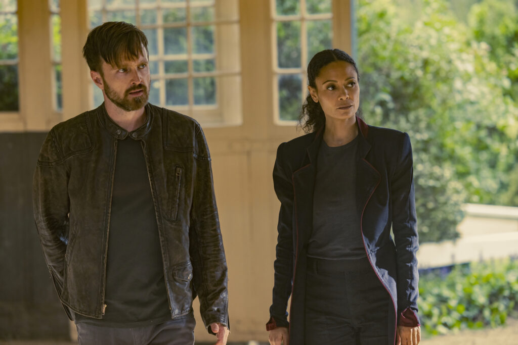 Aaron Paul and Thandiwe Newton in Jonathan Nolan and Lisa Joy's hit HBO dystopian science-fiction drama series, Westworld Season 4 Episode 2