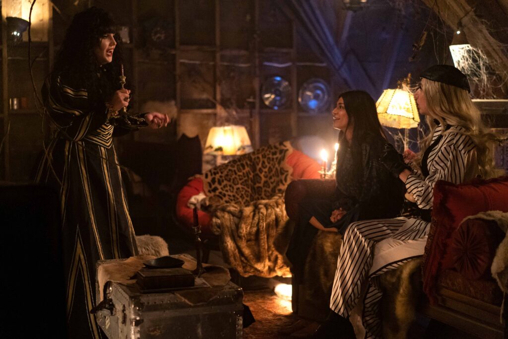 Natasia Demetriou, Parisa Fakhri, and Kristen Schaal in Jemaine Clement's hit FX comedy-horror fantasy mockumentary series, What We Do in the Shadows Season 4 Episode 7