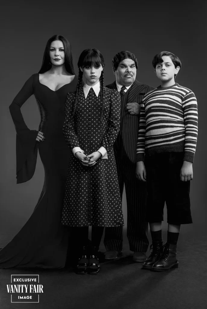Catherine Zeta-Jones, Jenna Ortega, Luis Guzmán, and Isaac Ordonez in Alfred Gough and Miles Millar's Netflix horror comedy series Wednesday, based on The Addams Family