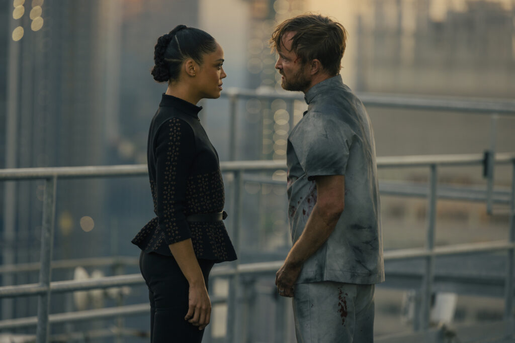 Tessa Thompson and Aaron Paul in Jonathan Nolan and Lisa Joy's hit HBO dystopian science-fiction drama series, Westworld Season 4 Episode 6