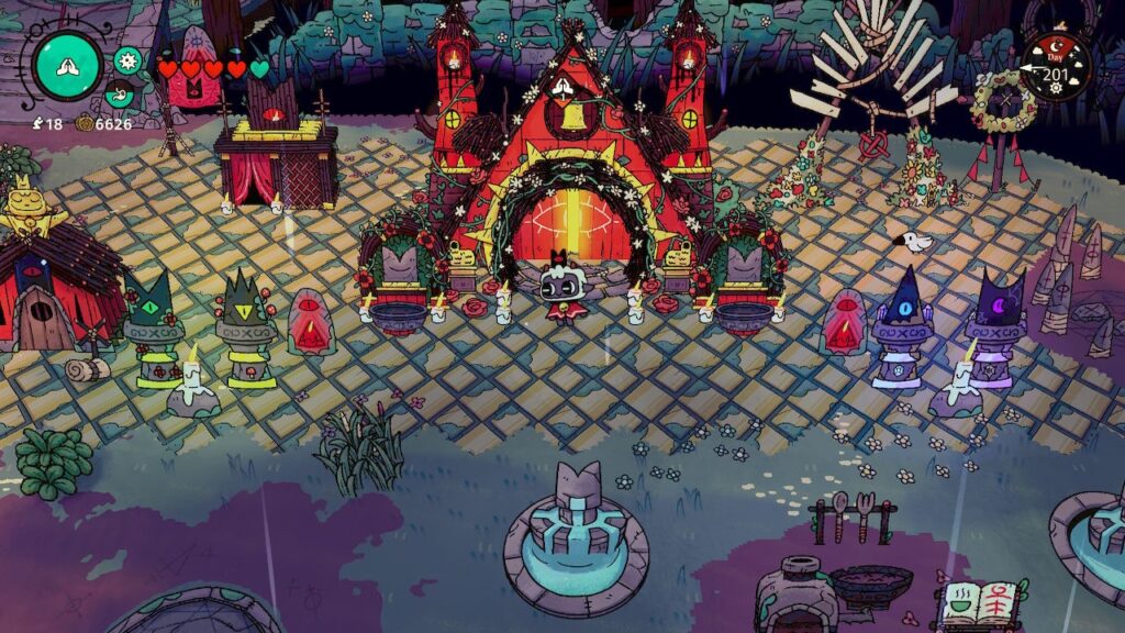 Cult of The Lamb gameplay screenshot with temple and bishop statues. 