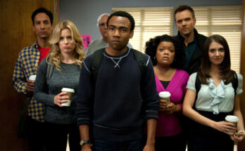 Danny Pudi, Gillian Jacobs, Donald Glover, Yvette Nicole Brown, Joel McHale, and Alison Brie in Dan Harmon's surreal sitcom series, Community