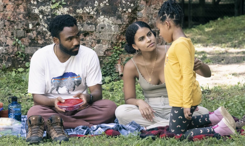 Donald Glover, Zazie Beetz, and Austin Elle Fisher in Donald Glover's FX surreal comedy-drama series, Atlanta, Season 4 Episode 7