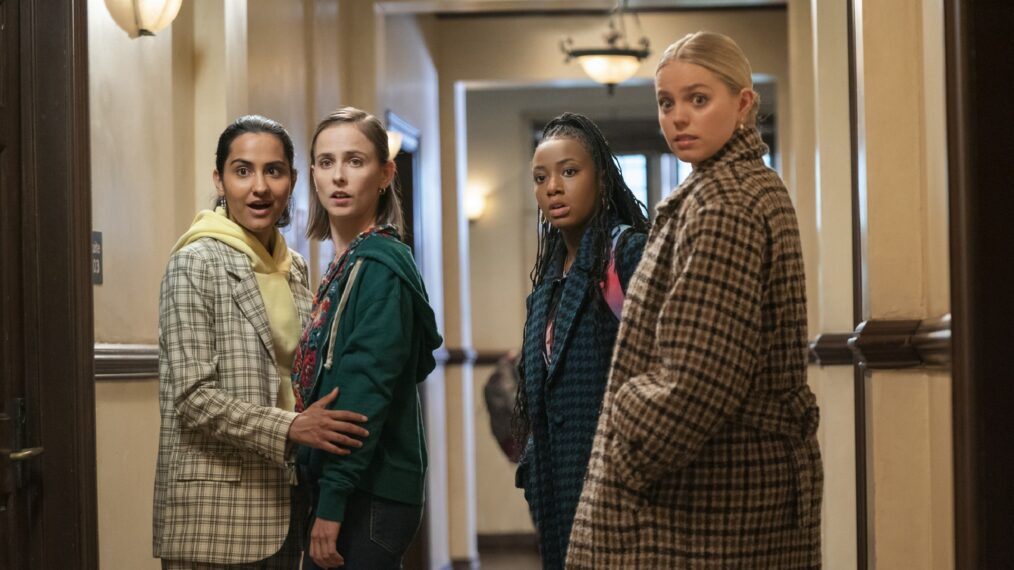 Amrit Kaur, Pauline Chalamet, Alyah Chanelle Scott, and Reneé Rapp in Mindy Kaling and Justin Noble's HBO Max streaming comedy-drama series, The Sex Lives of College Girls, Season 2 Episode 1