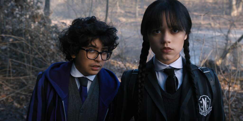 Moosa Mostafa and Jenna Ortega in Alfred Gough and Miles Millar's Netflix crime comedy supernatural horror series, Wednesday, Season 1 Episode 4