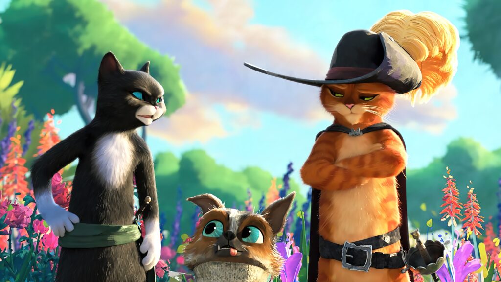 Salma Hayek Pinault, Harvey Guillen, and Antonio Banderas in Joel Crawford and Januel P. Mercado's animated adventure comedy film, Puss in Boots The Last Wish