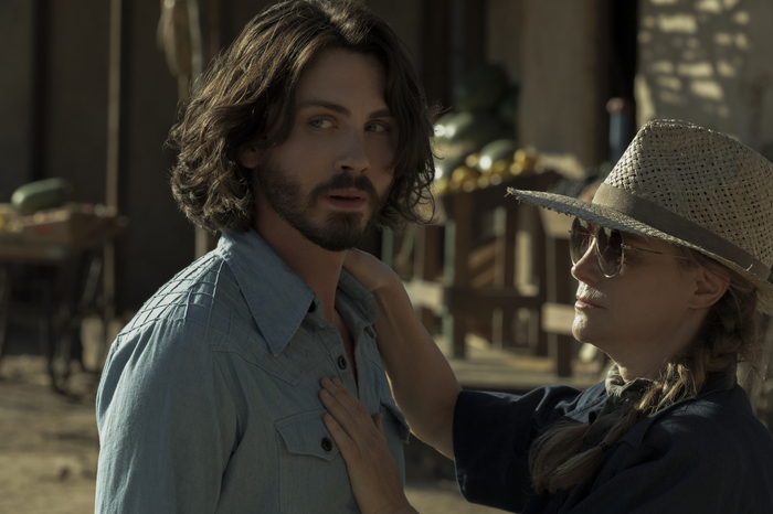 Logan Lerman and Jennifer Jason Leigh in David Weil's conspiracy thriller mystery crime drama series, Hunters Season 2