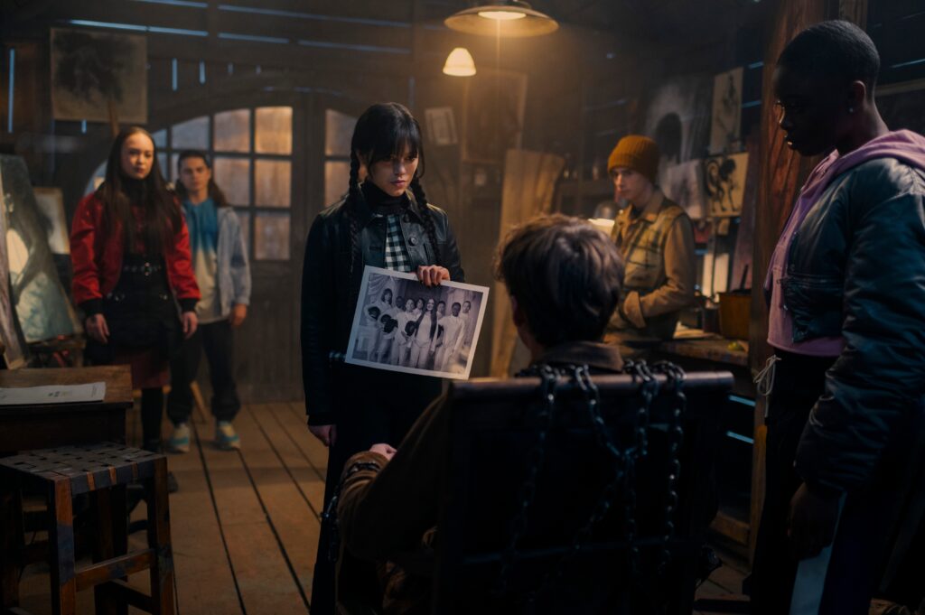 Naomi J. Ogawa, Oliver Watson, Jenna Ortega, Hunter Doohan, Georgie Farmer, and Joy Sunday in Alfred Gough and Miles Millar's Netflix crime comedy supernatural horror series, Wednesday, Season 1 Episode 8