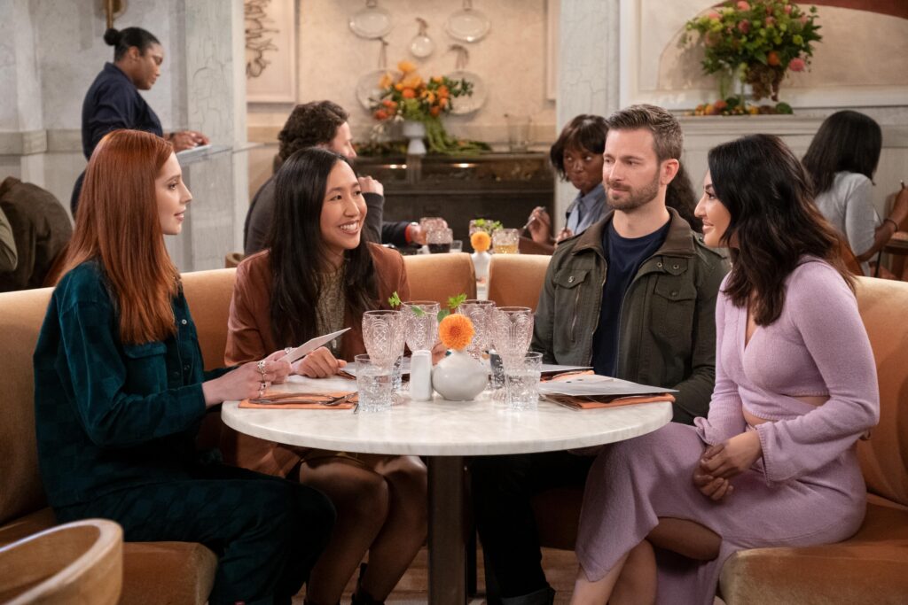 Aby James, Tien Tran, Derek Yates, and Francia Raisa in Isaac Aptaker and Elizabeth Berger's romantic comedy-drama sitcom series, How I Met Your Father Season 2 Episode 3