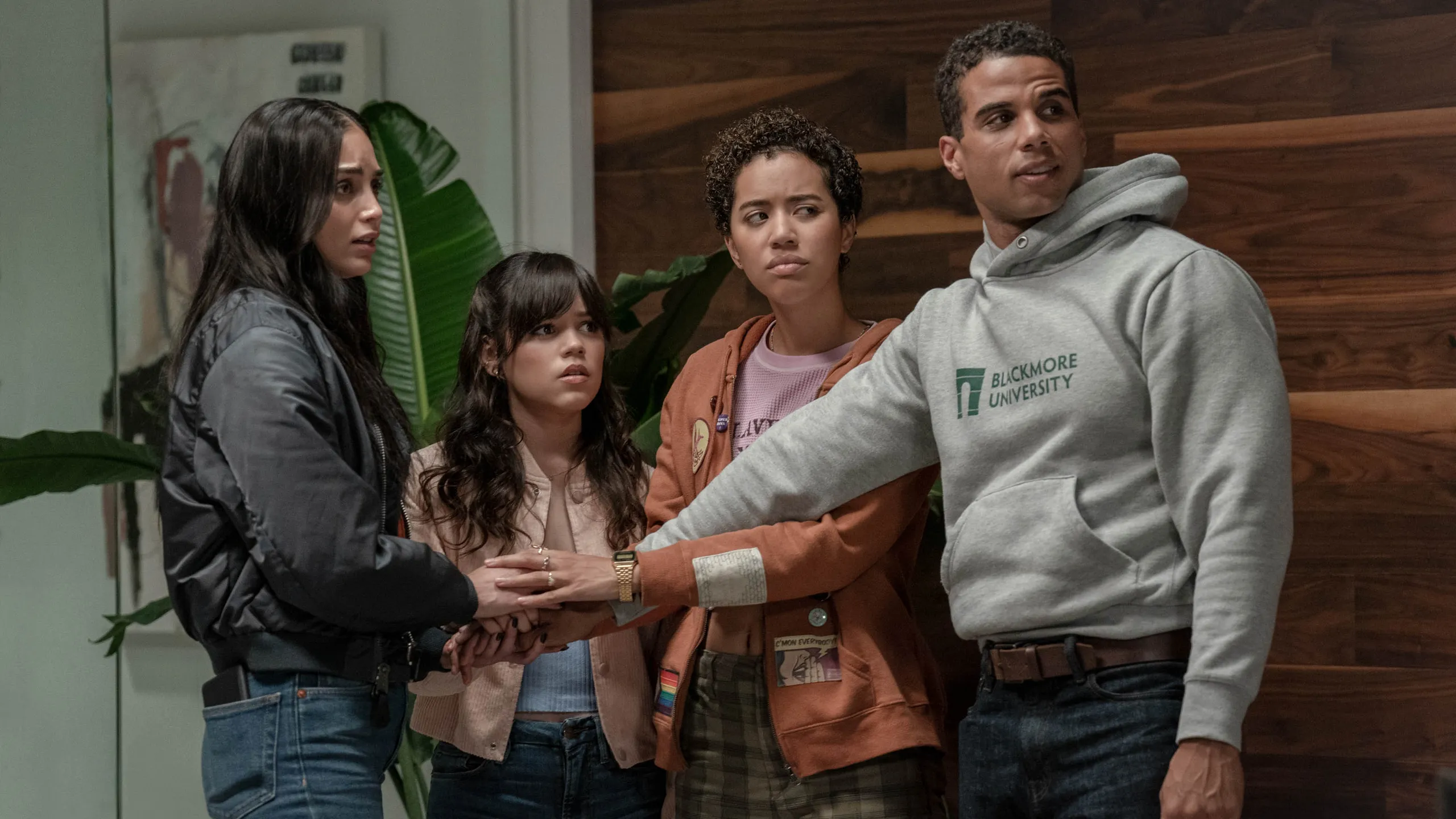 Melissa Barrera, Jenna Ortega, Jasmin Savoy Brown, and Mason Gooding in Matt Bettinelli-Olpin and Tyler Gillett's slasher horror mystery thriller film, Scream VI