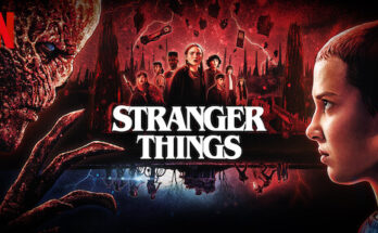 Stranger Things image featuring the character Vecna on the left, the series logo in the middle, and the character Eleven on the right with several characters in the background.