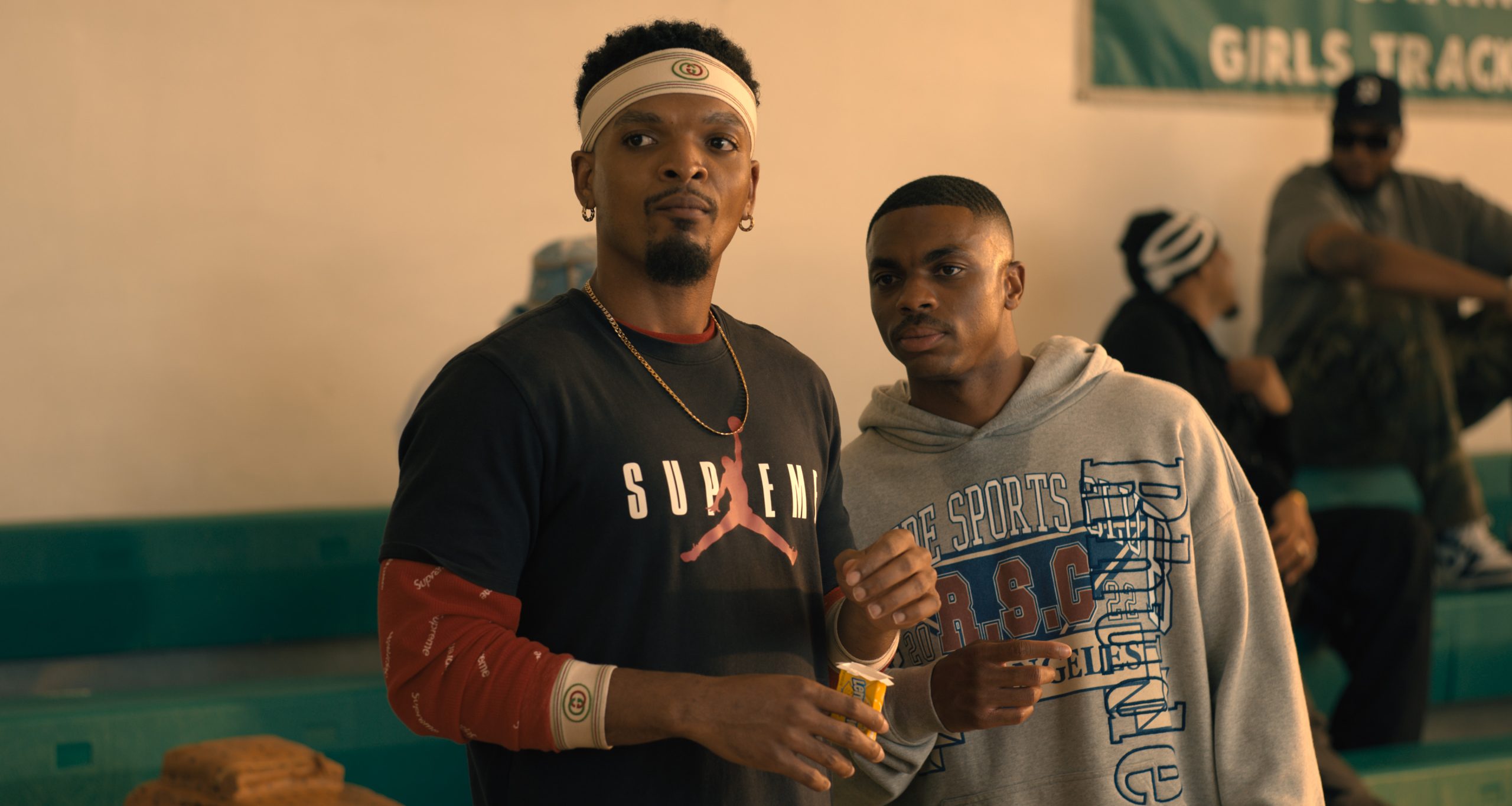 Myles Bullock and Vince Staples in Calmatic's Hulu sports comedy-drama, White Men Can't Jump