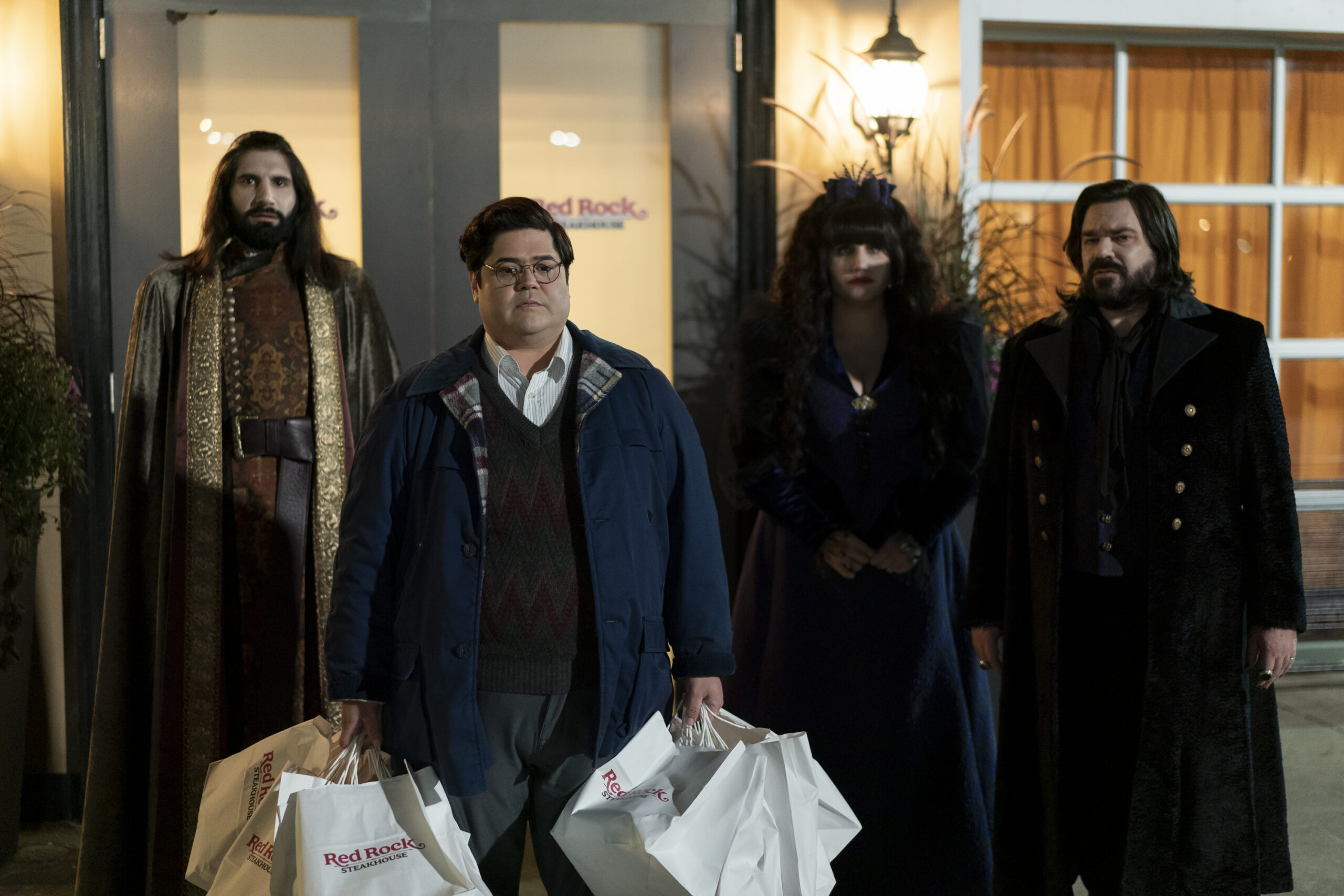 Kayvan Novak, Harvey Guillen, Natasia Demetriou, and Matt Berry in FX Networks' What We Do in the Shadows Season 5 Episode 1