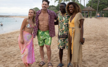 Meredith Hagner, John Cena, Lil Rel Howery, and Yvonne Orji in Clay Tarver's Hulu action adventure comedy film, Vacation Friends 2