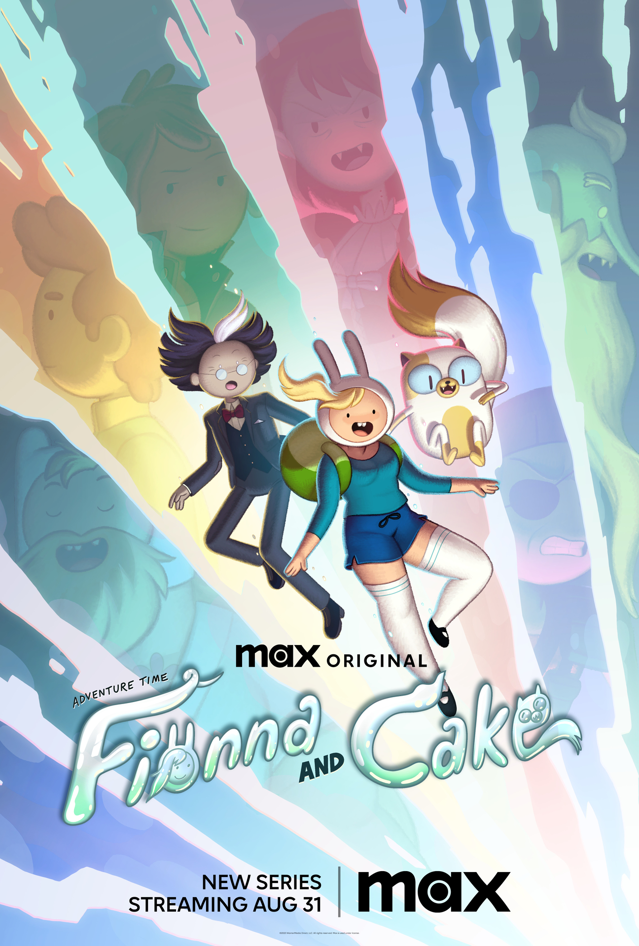 Key art of Simon Petrikov, Fionna Campbell, and Cake the Cat in Adam Muto's action-adventure sci-fi fantasy comedy animated series, Adventure Time Fionna and Cake