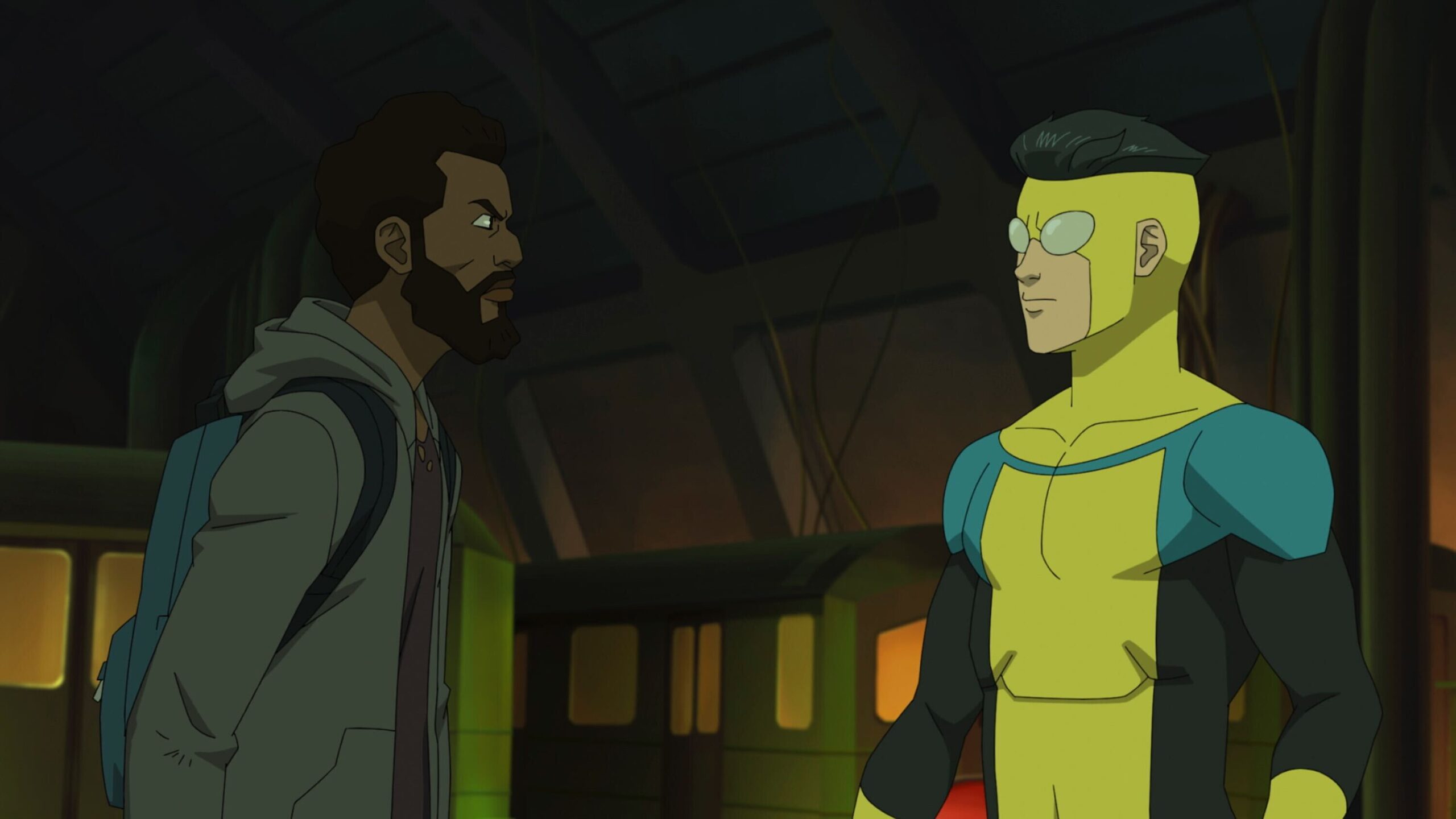Sterling K. Brown as Angstrom Levy and Steven Yeun as Invincible in Robert Kirkman's Invincible Season 2 Episode 1