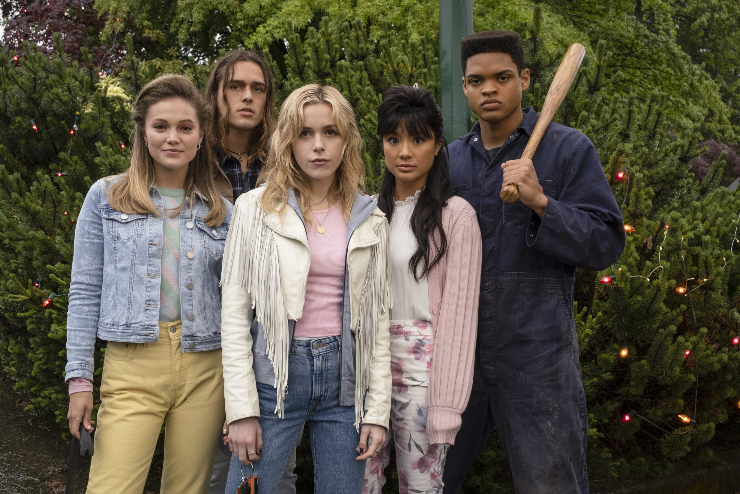 Olivia Holt, Charlie Gillespie, Kiernan Shipka, Stephi Chin-Salvo, and Jeremy Monn-Djasngar in Nahnatchka Khan's Blumhouse Amazon Studios science fiction slasher horror comedy, Totally Killer