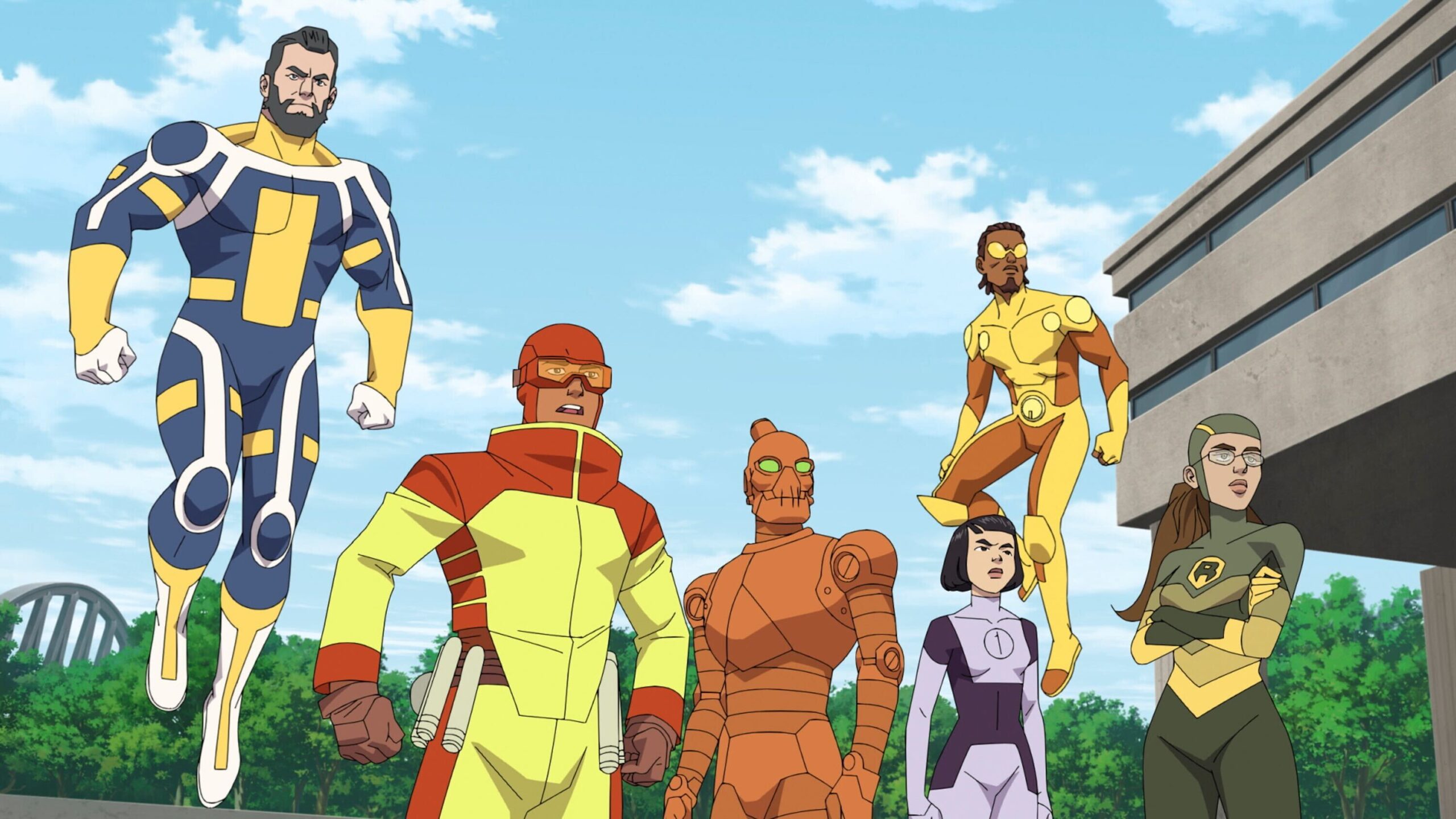 Ross Marquand as The Immortal, Jay Pharoah as Bulletproof, Jason Mantzoukas as Rex Splode, , Zachary Quinto as Robot, Melise as Katherine "Kate" Cha/ Dupli-Kate, and Grey DeLisle as Shrinking Rae in Robert Kirkman's Invincible Season 2 Episode 2
