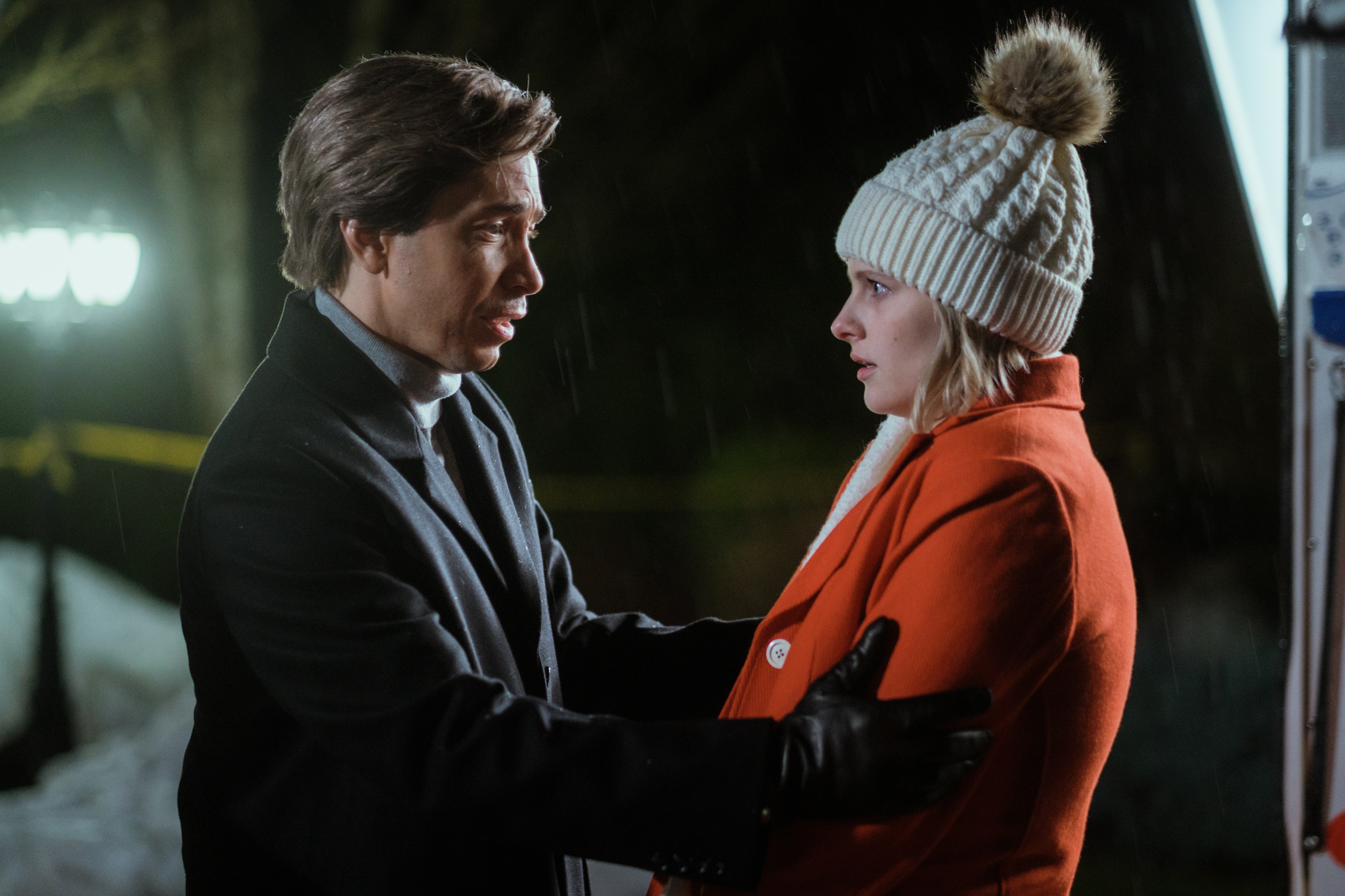 Justin Long and Jane Widdop in Tyler MacIntyre's horror slasher mystery film, It's a Wonderful Knife